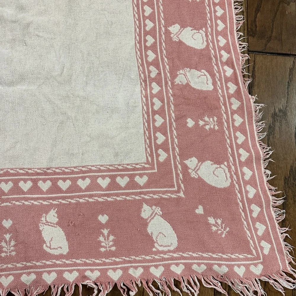 Pink and White Kitty Cat Throw Blanket 68x43” Fair Condition with Flaws